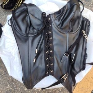 Fredrick's Leather bustier and garder